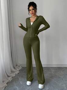 abyoxi Bộ 2 món gồm áo khoác có mũ kéo khóa và quần ống loe màu trơn, trang phục thể thao thường ngày thời trang, phù hợp cho hoạt động ngoài trời, dạo phố, thể thao, mặc hàng ngày, thể hiện cá tính riêng, dành cho nữ mùa thu/đông. - xanh quân đội - Xem 3