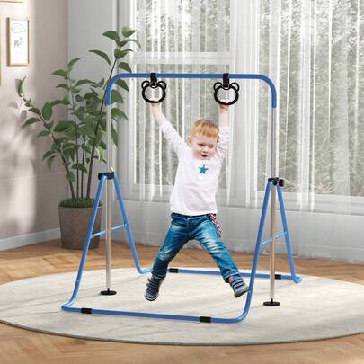 HOMCOM Kids Gymnastics Bar, Horizontal Bar For Kids, Adjustable Height Folding Gymnastics Equipment With Rings, Non-Slip Rubber Floor Rings, For Home, Flat, Blue