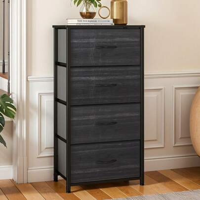 Commode 4 tiroirs BALCONERA en tissu avec structure en métal (grain de bois noir) – Meuble de rangement avec poignées, idéal pour chambre, salon, couloir et bureau