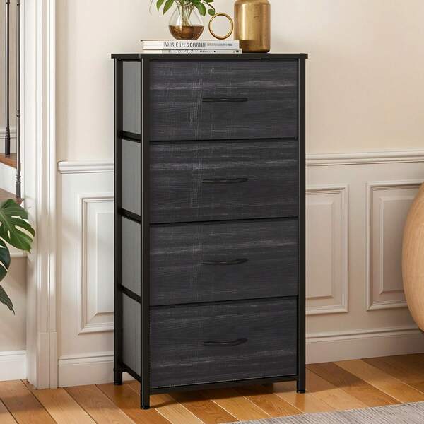 Commode 4 tiroirs BALCONERA en tissu avec structure en métal (grain de bois noir) – Meuble de rangement avec poignées, idéal pour chambre, salon, couloir et bureau