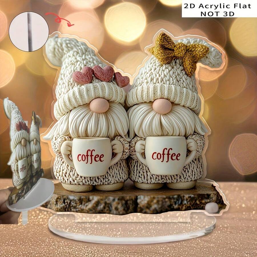 Decoración de escritorio de acrílico de gnomo bebedor de café clásico en 2D plano, arte de escritorio de cultura pop, ornamento multifuncional para escritorio de computadora, adecuado para dormitorio, sala de estar y regalos para el hogar - No se requieren baterías, grosor plano de 2D 0.3cm