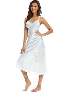 Women Silk Satin Nightgown Lace Chemise Lingerie Long Sleepdress Ladies Sleepwear Slip Negligee - X-白色 - 查看 10