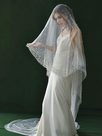 1pc Shiny Faux Pearl Embellished Long Bridal Veil, Suitable For Wedding, Church, Runway, Banquet And Other Occasions, No Comb, Heavily Decorated Fall Clothes For Women