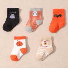 5 Pairs Baby Pumpkin & Bat Halloween Pattern Mid-Calf Socks, Holiday Gift Socks