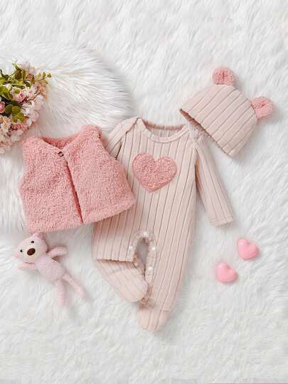 Bhchntiy 3 件套女婴秋冬套装：罗纹心形刺绣连体衣、纯色披肩背心和可爱耳帽，休闲时尚