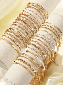 17/15/11 件时尚简约经典编织蛇链心形多层手链套装，女士生日节日派对婚礼周年圣诞礼物，百搭日常佩戴 - 金黃色 - 查看 2