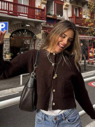FOR BEAUTY Autumn And Winter New Women's Round Neck Brown Single Breasted Long Sleeved Knitted Cardigan Top, Fashionable, Simple, Versatile, Street Casual And Lazy Style Suitable For Daily Commuting Sweater Coat Women's Clothing Chic Autumn Christmas New Year