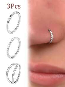 3pcs Inlaid Synthetic Zirconia Nose Ring Earrings 316 Surgical Steel Double Ring Nose Ring 18G Hinge CZ Puncture Jewelry Lip Ring Cartilage Earrings Spiral Hook Earrings, Size: 7mm/8mm/9mm/10mm, Suitable For Daily Party And Vacation Wear, Valentine's Day, Mother's Day, Thanksgiving, Halloween, Birthday Gifts And Bar Dancing, Travel, Work - 3pc Nose Ring - View 1