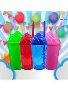 KIT 10 - COPO ACRÍLICO LISO 300ML COM TAMPA CHANTILLY E CANUDO - PARA FESTA, PERSONALIZAÇÃO, ANIVERSÁRIO - Laranja Neon Translúcido - Visão 3
