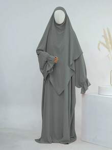 1 套柔软 Abaya 穆斯林连衣裙伊斯兰女装，Abaya 迪拜伊斯兰服装，长袍喇叭袖设计，搭配纯色头巾，经典百搭上衣 - 彩色 - 查看 29