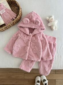 2 Stücke Baby Mädchen Plüschjacke mit Schleifen Dekor & Bärchen Ohren Hut, und Plüschhose, dick für drinnen & Outdoor, Herbst/Winter