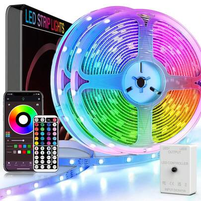 3英尺/100英尺LED灯带，家居装饰，变色灯带，配备44键遥控器和智能APP控制，支持音乐同步、定时功能，USB供电，适用于卧室、客厅、厨房、墙面装饰、电视背光、万圣节、圣诞派对等场合。