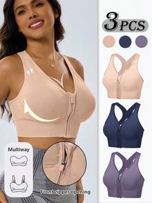 3pcs- Of Women's Sports Bras, Featuring A Front Zipper Design, Are Equipped With Thick Support Pads. They Are Breathable And Soft To The Touch, Making Them Ideal For Exercising, Fitness, And Yoga. - 彩色 - 查看 2