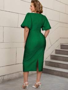 AOMEI 修身提花优雅派对连衣裙短款灯笼袖3D花朵斜领约会装 - 墨綠色 - 查看 2