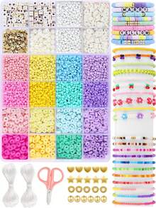 24 Colors 6mm Polymer Clay Flat Disc Beads, DIY Necklace, Bracelet, Phone Strap, Keychain Jewelry Making Kit With Alphabet Discs, Scissors, Elastic String, Metal Charms, Clasps, Bohemian Style Jewelry Set - Multicolor - View 14