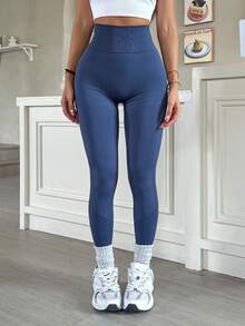 Women's Light Seamless Knit Stretchy Leggings, Comfortable & Slimming, Suitable For Yoga, Pilates, Running, Cycling, Fitness, Outdoor & Casual Sports - Dusty Blue - View 3