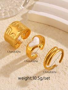 3 件套不锈钢 18K 镀金简约星形和心形滴油可调节戒指，适合日常佩戴 - 金黃色 - 查看 8