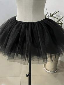 纯色性感涤纶（Polyester）女装28cm裙撑洛丽塔短款不对称六层柔软雪纺衬裙，日常无骨蓬蓬裙，Cosplay女仆裙撑四季适用 - 黑色 - 查看 2