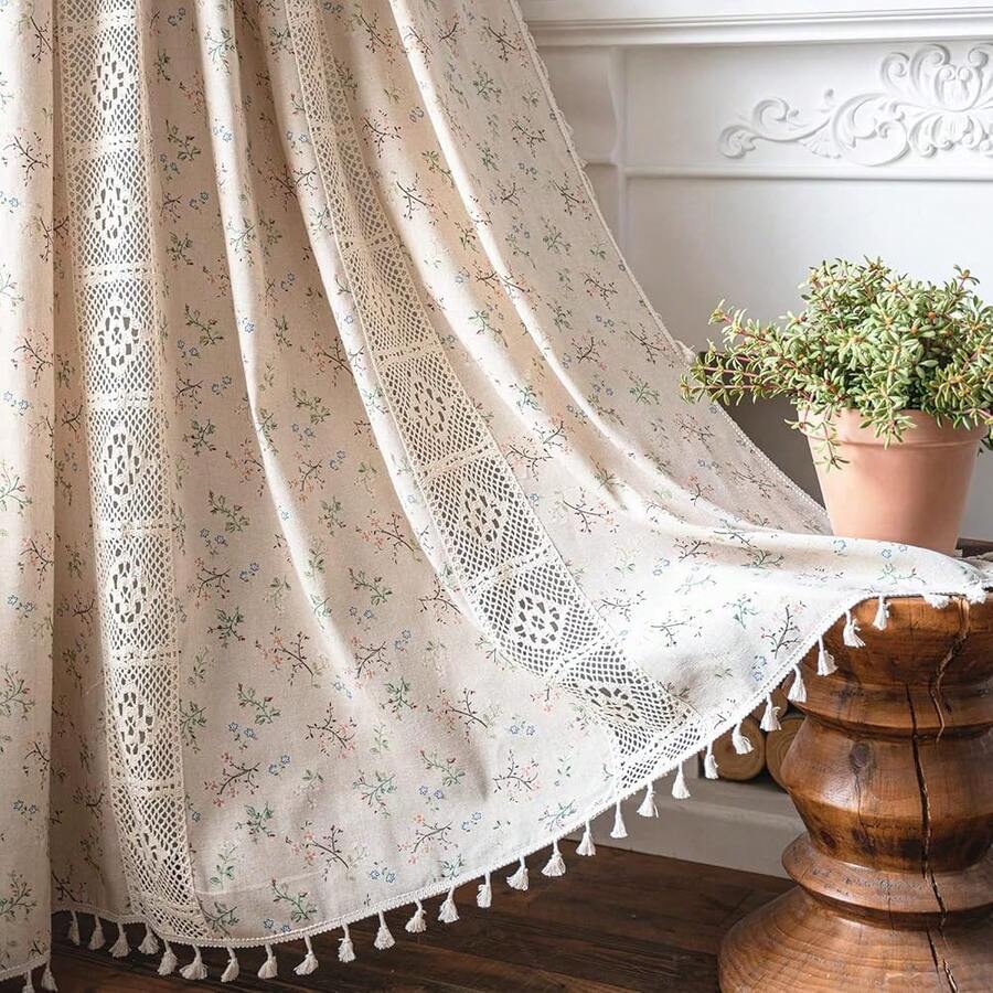 Sutuo Home Boho Curtain Semi-Blackout Crochet Hollow Lace Patchwork With Floral Print Cotton Linen Fabric, Handmade Tassels Rod Pocket Bohemian Window Drapes For Living Bedroom, 59"W X 84"L, 1 Panel - 花卉拼布59寬x84公升1包 - 查看 1