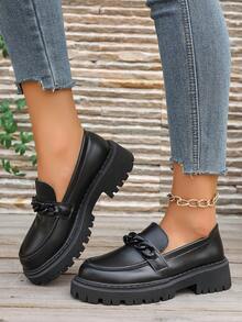 女士乐福鞋，一脚蹬皮鞋，舒适休闲平底鞋，厚底乐福鞋，轻便平底工作鞋，学生鞋，春秋平底鞋，女鞋 - 黑色 - 查看 6