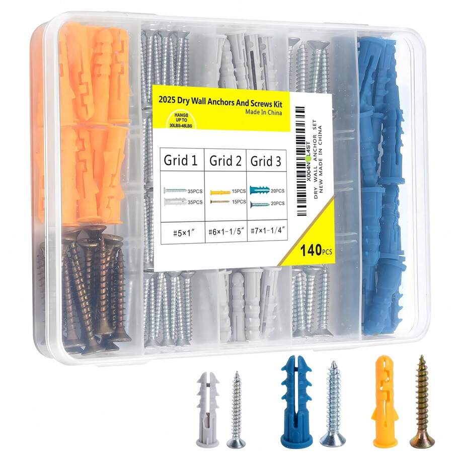 140 Pcs Drywall Anchors And Screws Kit - Assorted Sizes For Shelves, Mirrors, And Home Decor - Black - View 1