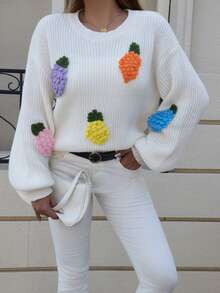 NZZOF Women's Autumn/Winter Lantern Sleeve Embroidered Textured Crew Neck Sweater - White - View 6