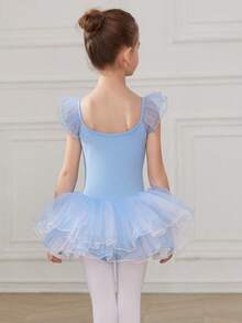 女童芭蕾舞紧身衣双层短袖高弹力芭蕾裙网眼表演舞蹈芭蕾舞裙 - 藍色 - 查看 11