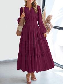 Women Fall Maxi Dresses Long Sleeve High Waist Tiered Flowy A-Line Boho Bohemian Long Dress Beach Holiday Vacation Wedding Guest Valentine Outfit - 酒紅色 - 查看 1