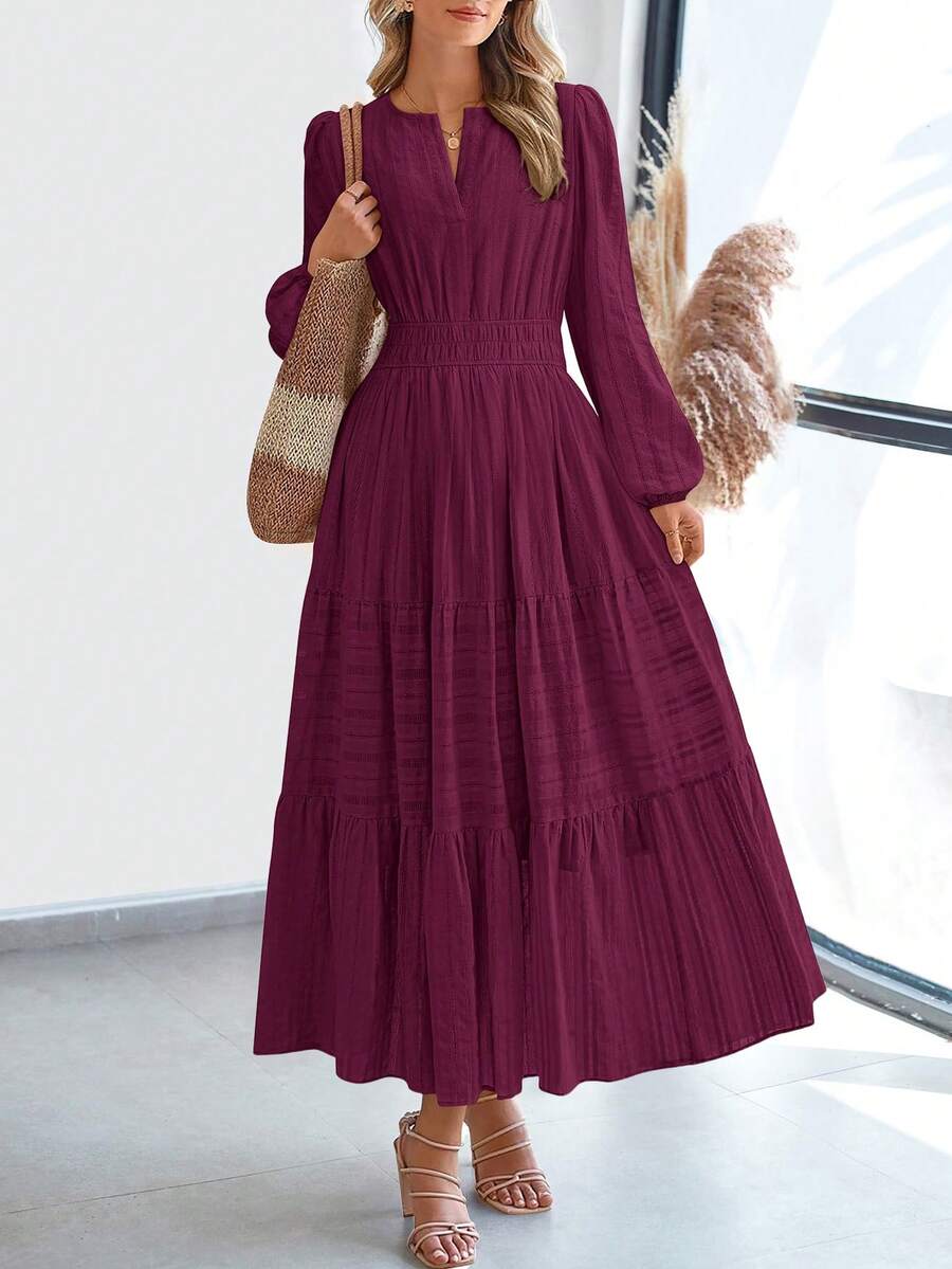 Women Fall Maxi Dresses Long Sleeve High Waist Tiered Flowy A-Line Boho Bohemian Long Dress Beach Holiday Vacation Wedding Guest Valentine Outfit - 酒紅色 - 查看 1