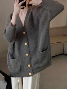 Alicedudu Áo khoác cardigan dệt kim mỏng họa tiết sọc dọc tối giản dành cho nữ, Thu/Đông - Xám đậm - Xem 4