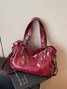 Large Capacity Waterproof Business Casual PU Handbag, Multi-Pocket Design With Compartment, Multifunctional Shoulder Crossbody Bag, Suitable For Young Girls, Female College Students, White-Collar And Career Starters, Perfect For Work, Business Commute, Shopping, Outdoor Travel And School - 酒紅色 - 查看 2