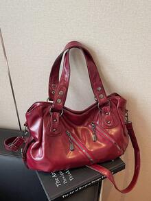 Large Capacity Waterproof Business Casual PU Handbag, Multi-Pocket Design With Compartment, Multifunctional Shoulder Crossbody Bag, Suitable For Young Girls, Female College Students, White-Collar And Career Starters, Perfect For Work, Business Commute, Shopping, Outdoor Travel And School - 酒紅色 - 查看 1