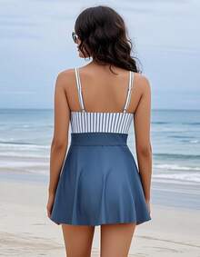 Traje de Baño Mujer, Traje de  Completo Mujer con Cuello en V sin Manga, Traje de Baño con Falda para Playa Piscina Surf Nadar, Bañador de Una Pieza con Sujetador, Bandolera Ajustable - Azul - Ver 11