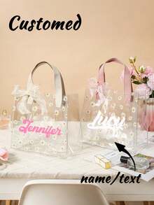 1个个性化新娘礼品袋，可印制名字，定制雏菊新娘袋，透明花朵新娘袋配丝带，伴娘礼物 - 彩色 - 查看 3