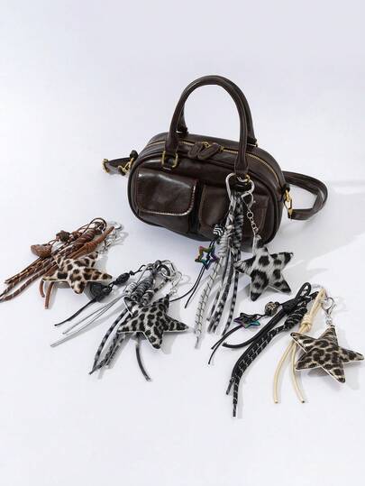 豹纹皮革五角星，编织绳可自由组合包饰，女士包包配饰/汽车配饰