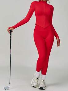 Yefecy Women's Street Style Fitness Set, Zip-Up Jacket Paired With Butt-Lifting Leggings, Fashionable Pieces Suitable For Gym To Street - Red - View 7