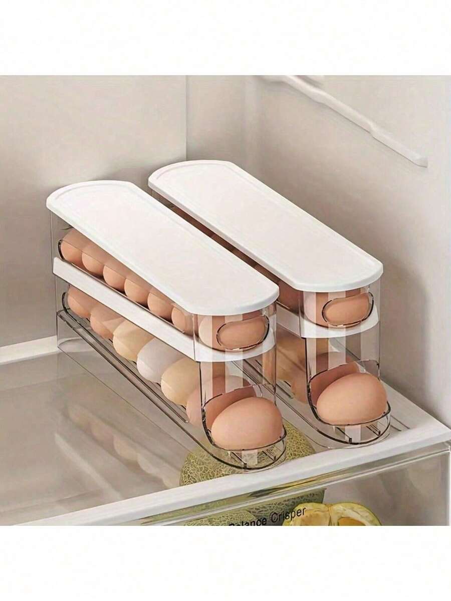 Automatic Double-Layer Egg Holder, Preserves Freshness, Sliding Container Holds 12-14 Eggs - Hinged Design, Plastic Material, No Food Contact - Refrigerator Storage Rack, Kitchen Egg Tray - Multicolor - View 1