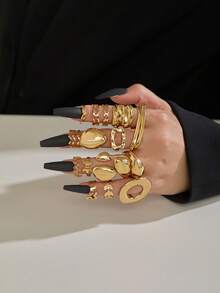 15pcs/Set Geometric Hollow Alloy Rings, Asymmetrical Design, Simple Minimalist Ladies Finger Rings, Suitable For Daily Wear Or Holidays - Gold - View 5