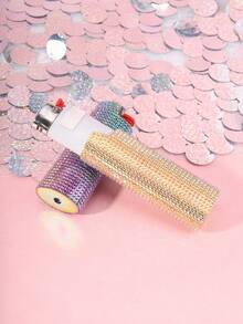 [1pc Zinc Alloy Lighter Case] 1pc Sparkling Artificial Diamond Decoration Zinc Alloy Lighter Case&Lighter Sleeve For Model BIC-J6. - Multicolor - View 3