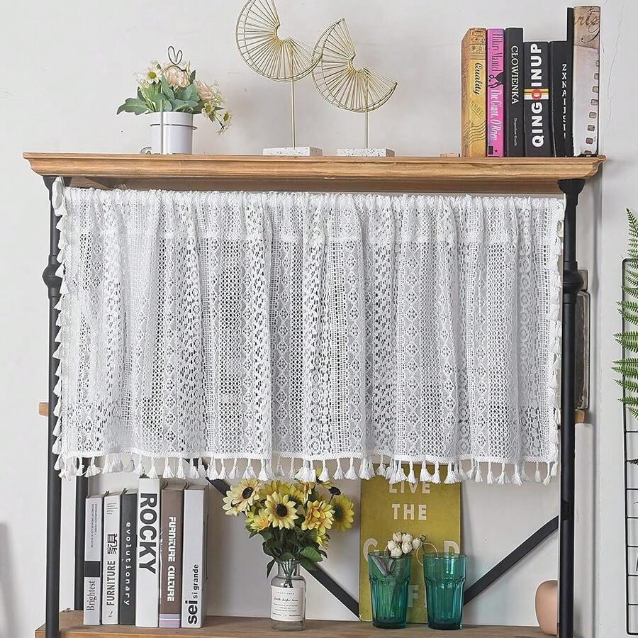 Boho Sheer Curtain Valance Crochet Lace With Bohemian Hollow Knitted Handmade Tassels, Short Farmhouse Window Treatment For Kitchen Cafe, Rod Pocket, 1 Panel 59" W X 18" L, White - 白色鉤針編織59寬x18公升1包 - 查看 1