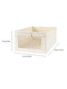 1 pieza Cesta de almacenamiento plegable de tela de lino con ventana transparente y asa, caja de almacenamiento plegable reforzada, adecuada para el armario del dormitorio, gran capacidad para almacenamiento de ropa - Beis - Ver 6