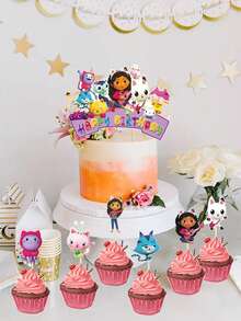 Gabby's Dollhouse Gabby's Dollhouse Cake Sign Birthday Decoration Plugin, Creative Dessert Table Arrangement, Birthday, Christmas, Halloween And Thanksgiving Party Supplies, Ins-Style Photo Props, Disposable Cake Sign.