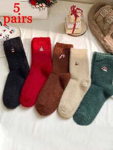5 件/套（随机发货）女士鹿、圣诞树、涂鸦图案时尚、舒适、柔软、简约中筒袜，适合圣诞节装扮 - 彩色 - 查看 6