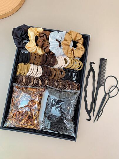 1109pcs/Set Women's Brown Tone Hair Accessories Set, Fashionable Satin Scrunchies, High Elastic Seamless Hair Ties, Unique Caramel Color Disposable Hair Bands, Stretchy Ponytail Holders, Minimalist Style For Casual, Party, Daily Use (No Gift Box)