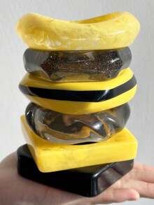 1 chiếc vòng tay nhựa sọc đen vàng sáng bóng bất đối xứng, phụ kiện thời trang thanh lịch để đeo hàng ngày và chụp ảnh tạp chí - nhiều màu - Xem 12