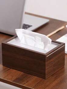 1pc Chinese Style Wooden Paper Towel Holder, Desk Tissue Box With Acrylic Cover, Striped Pattern, Suitable For Bathroom, Office, Bedside, Home And Dining Room