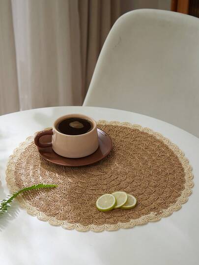 1 pieza/2 piezas/4 piezas/6 piezas/8 piezas Manteles individuales de papel natural tejido de unicolor estilo bohemio, con borde redondo de dos tonos, adecuados para reuniones familiares, fiestas, campamentos, picnics, decoración del hogar