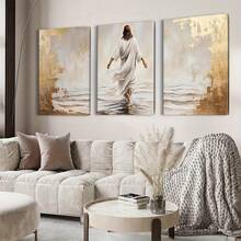 3-Piece Jesus Walking On Canvas Wall Art With Frame, Christian Faith Inspiration In Soft Tones With Gold Accents, Waterproof And Durable, Suitable Bedroom, Living Room, Or Dormitory Decoration Home Decor Bedroom - 彩色 - 查看 7