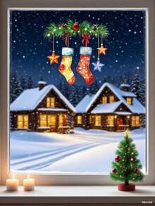 Autocollant de fenêtre de chaussettes de Noël, boules de Noël, étoiles, branches de pin, décorations de fête adhésives en PVC avec surface brillante, convient pour le salon, l'entrée, la chambre à coucher, autocollant mural de fête amovible, 1 pièce