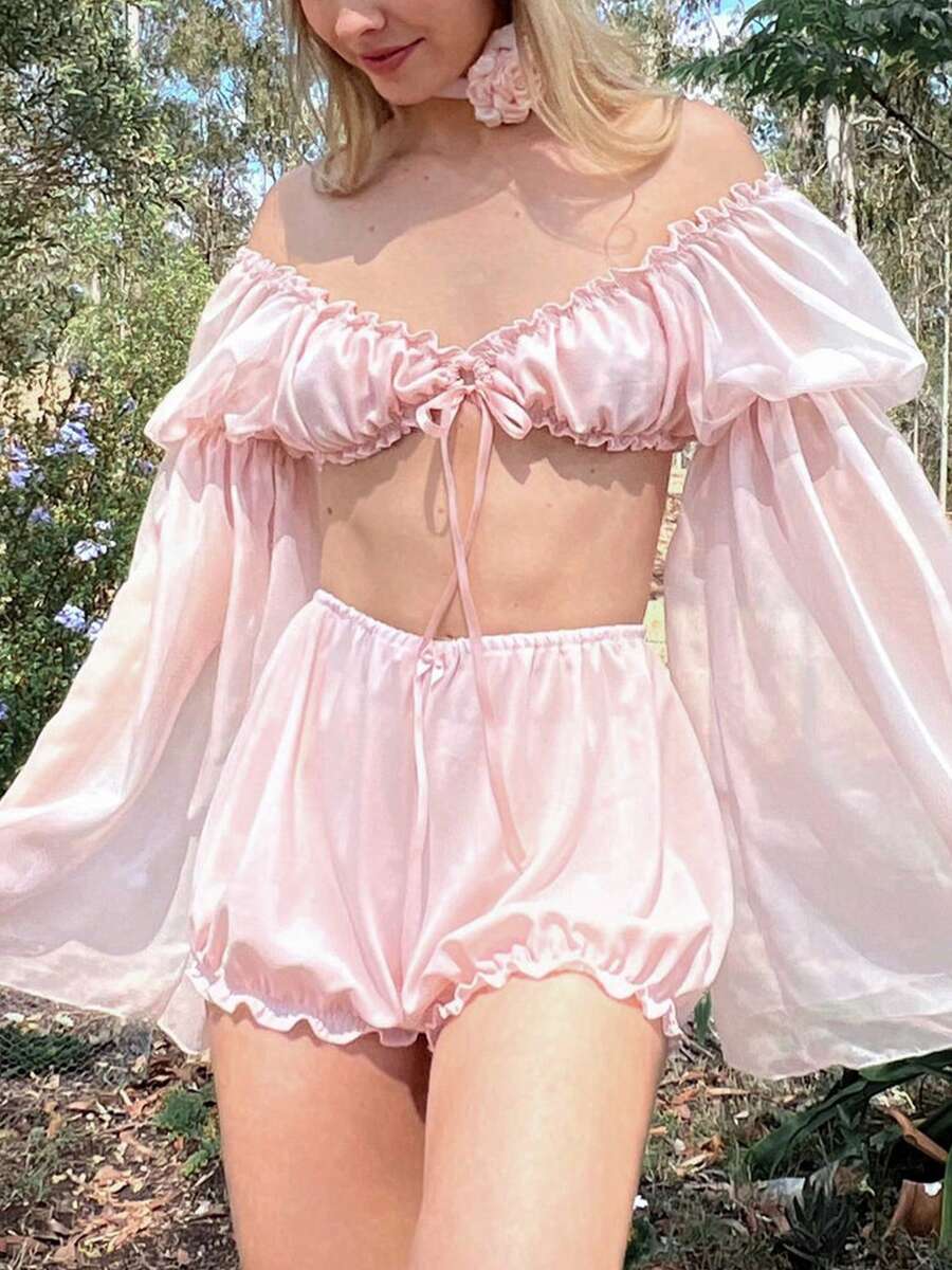 Womens Summer 2 Pieces Short Set Rendy Crop Top Flirty Mini Skirt Sets Party Daily Streetwear - Pink - View 1